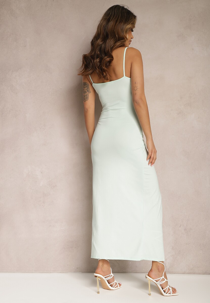 Jasnozielona Dopasowana Sukienka na Ramiączkach z Marszczeniem Terida