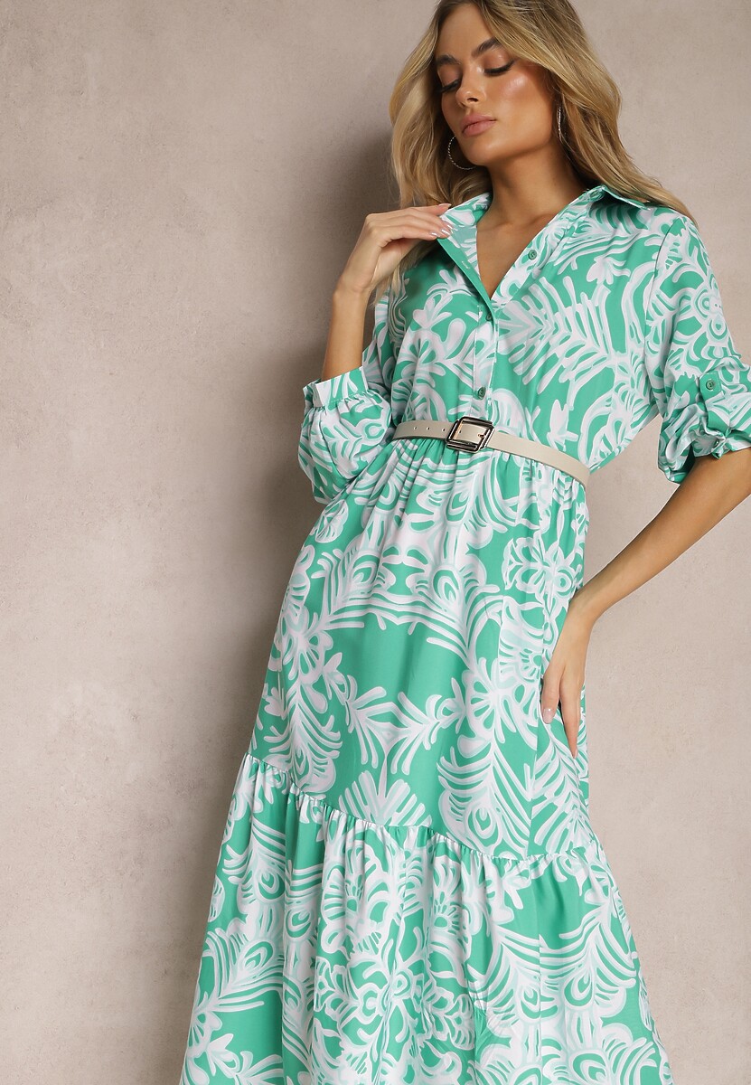 Pomarańczowa Rozkloszowana Sukienka Długa z Falbanką w Ornamentalny Print Naraoda