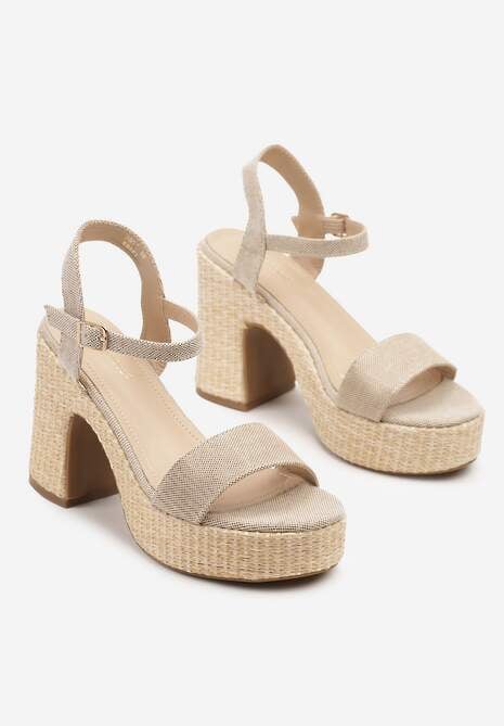 Ciemnobeżowe Sandały na Słupkowym Obcasie z Plecionką w Stylu Boho Reliora