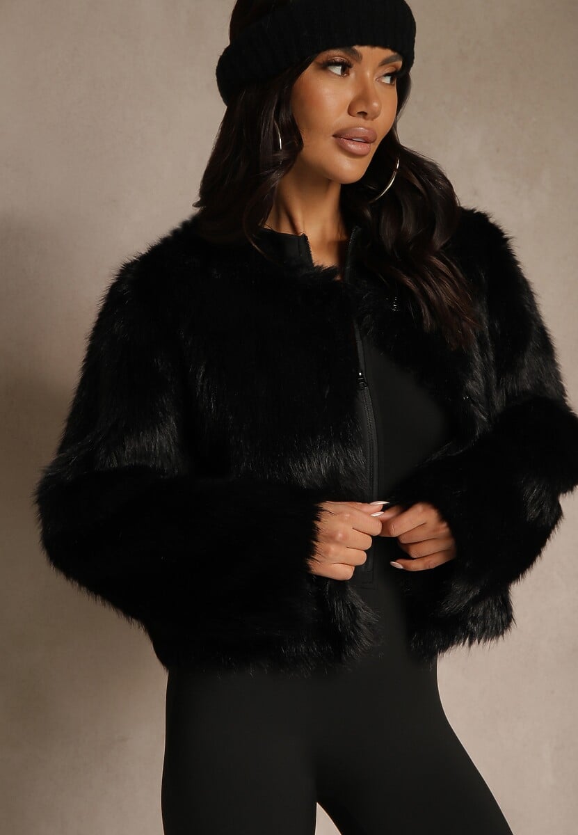 Beżowa Kurtka Futerko o Prostym Fasonie z Okrągłym Dekoltem Iddane