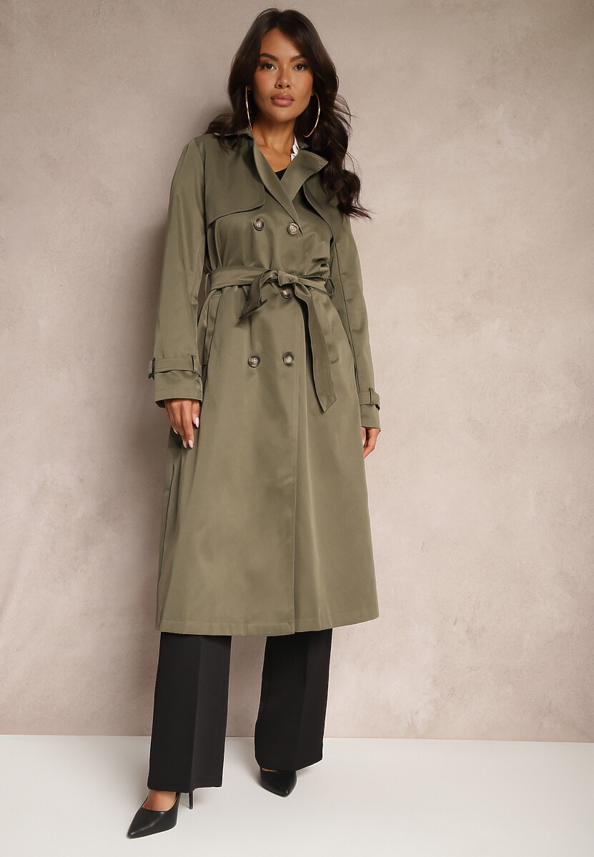 Jasnobeżowy Płaszcz w Stylu Trencza z Paskiem i Klamrą Sinthelle