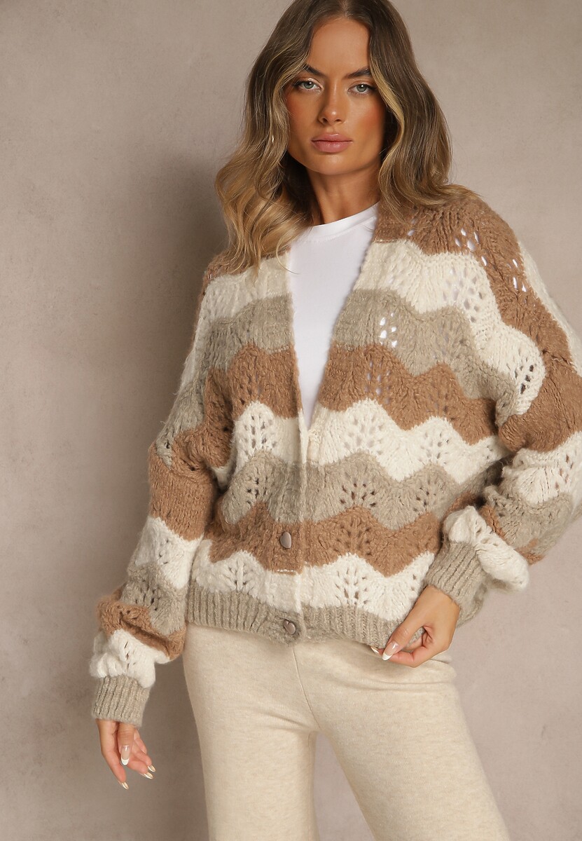 Beżowo-Brązowy Kardigan z Domieszką Wełny i Wiskozy o Ażurowym Splocie Esina