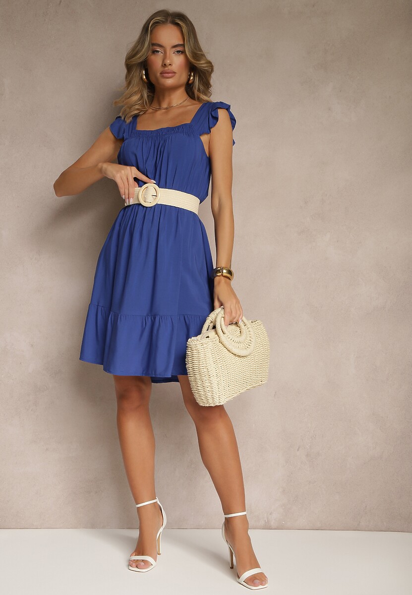 Granatowa Rozkloszowana Sukienka z Wiskozą z Gumką w Talii Lirandine