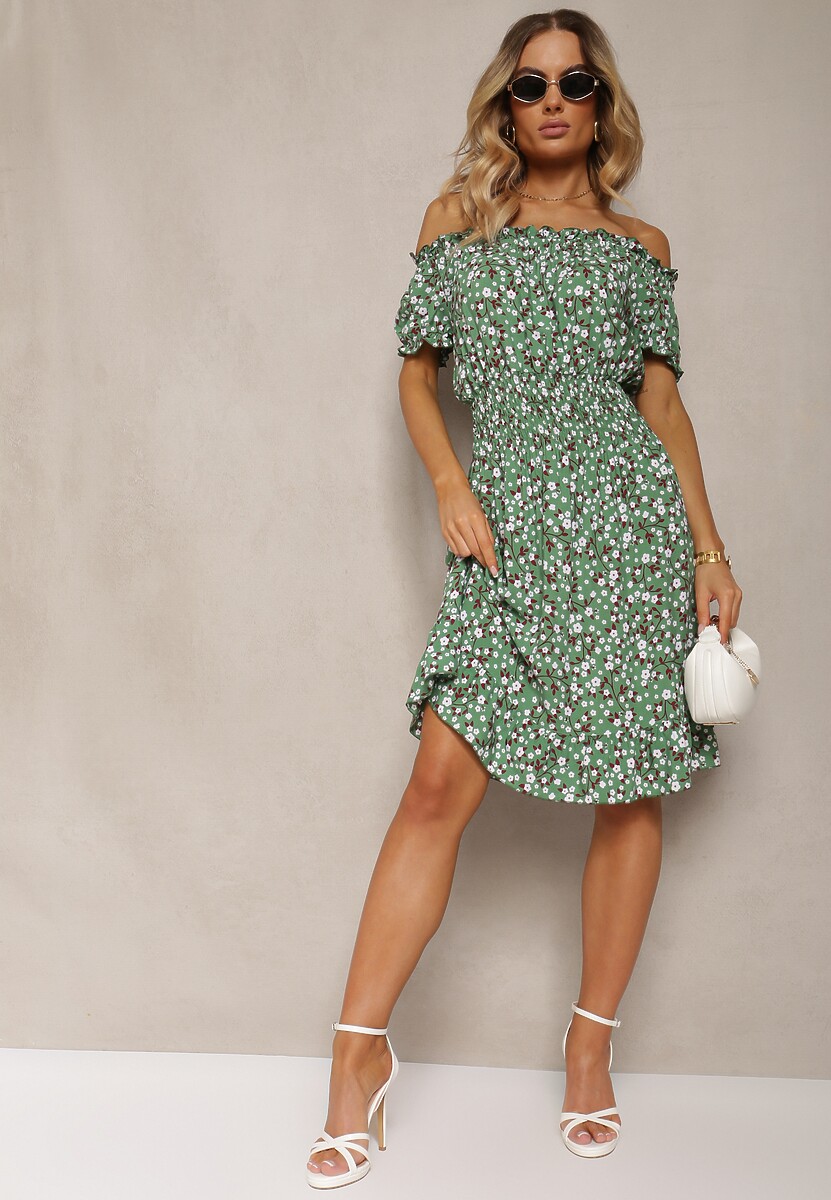 Zielona Bawełniana Sukienka Midi Hiszpanka z Gumką w Pasie Dnise