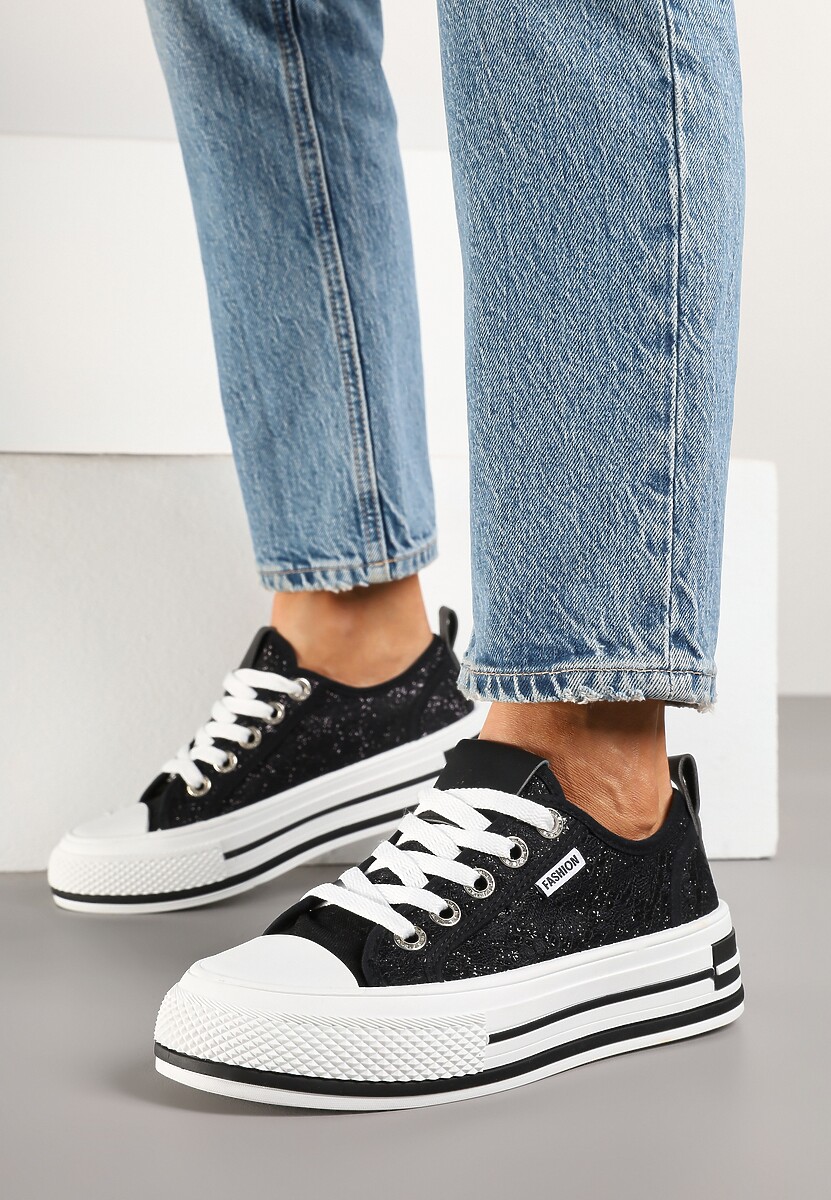 Czarne Trampki z Koronkową Wstawką z Błyszczącymi Drobinkami Daliven