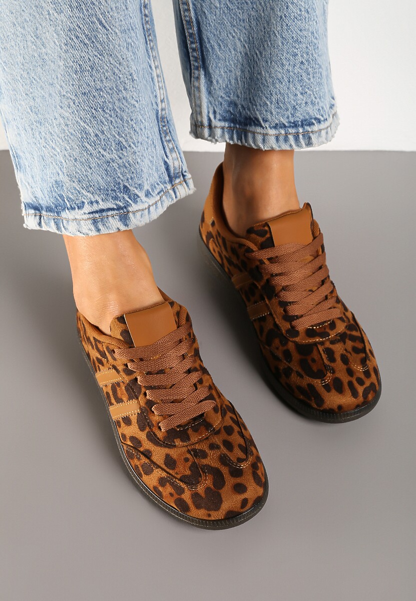 Brązowe Casualowe Sneakersy z Ekozamszu w Panterkę na Płaskiej Podeszwie Pemeriana