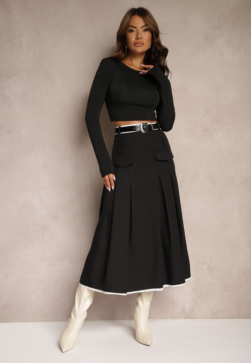 Czarna Spódnica High Waist z Plisami Wykończona Imitacją Kieszeni i Paskiem Evilenes