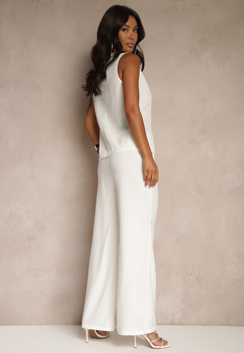 Biały Komplet o Garniturowym Kroju Spodnie Wide Leg i Taliowana Kamizelka Nalinise