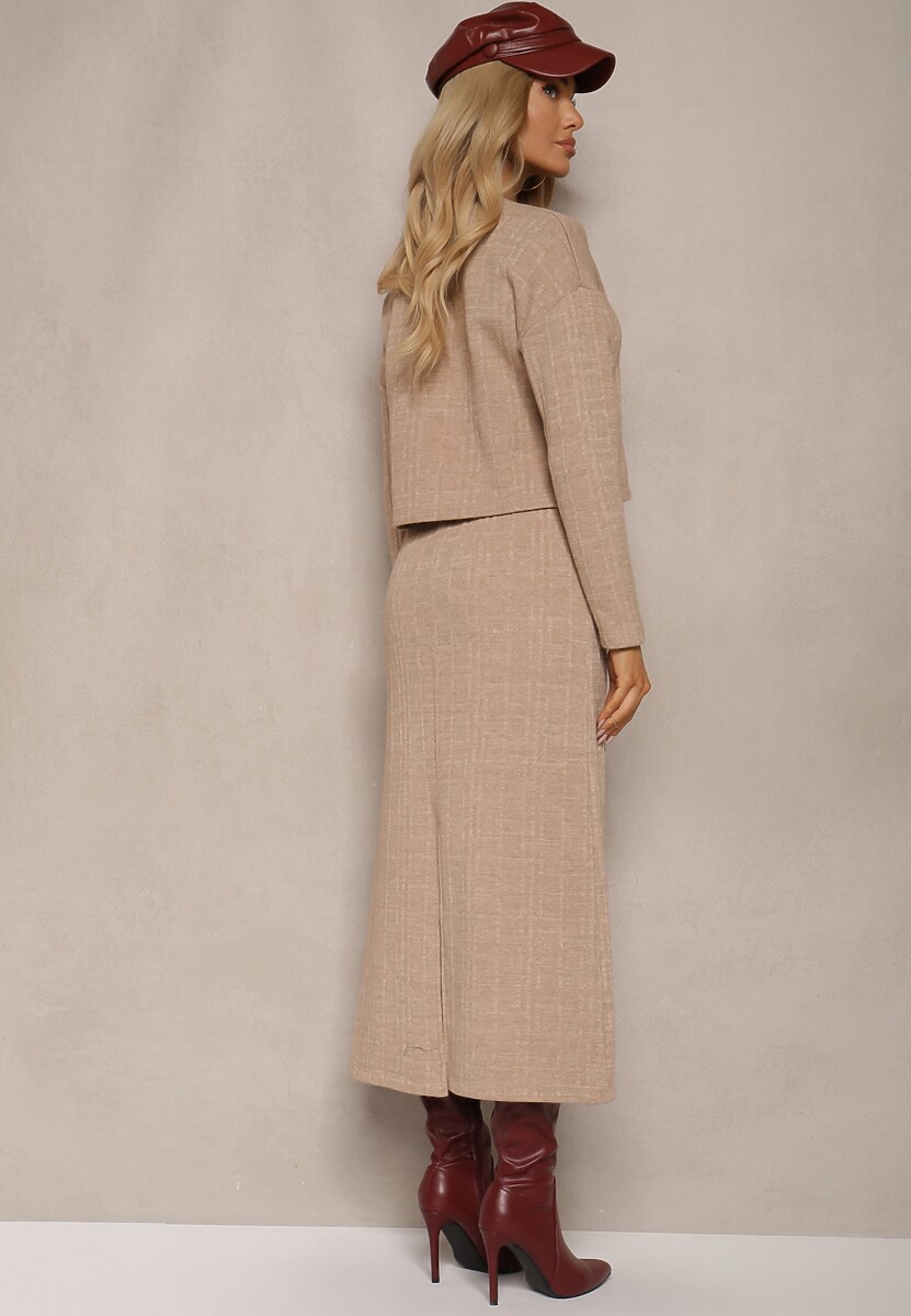 Ciemnobeżowy Dzianinowy Komplet z Wiskozą Bluzka i Spódnica Ozdobiona Rozcięciem Ilirina