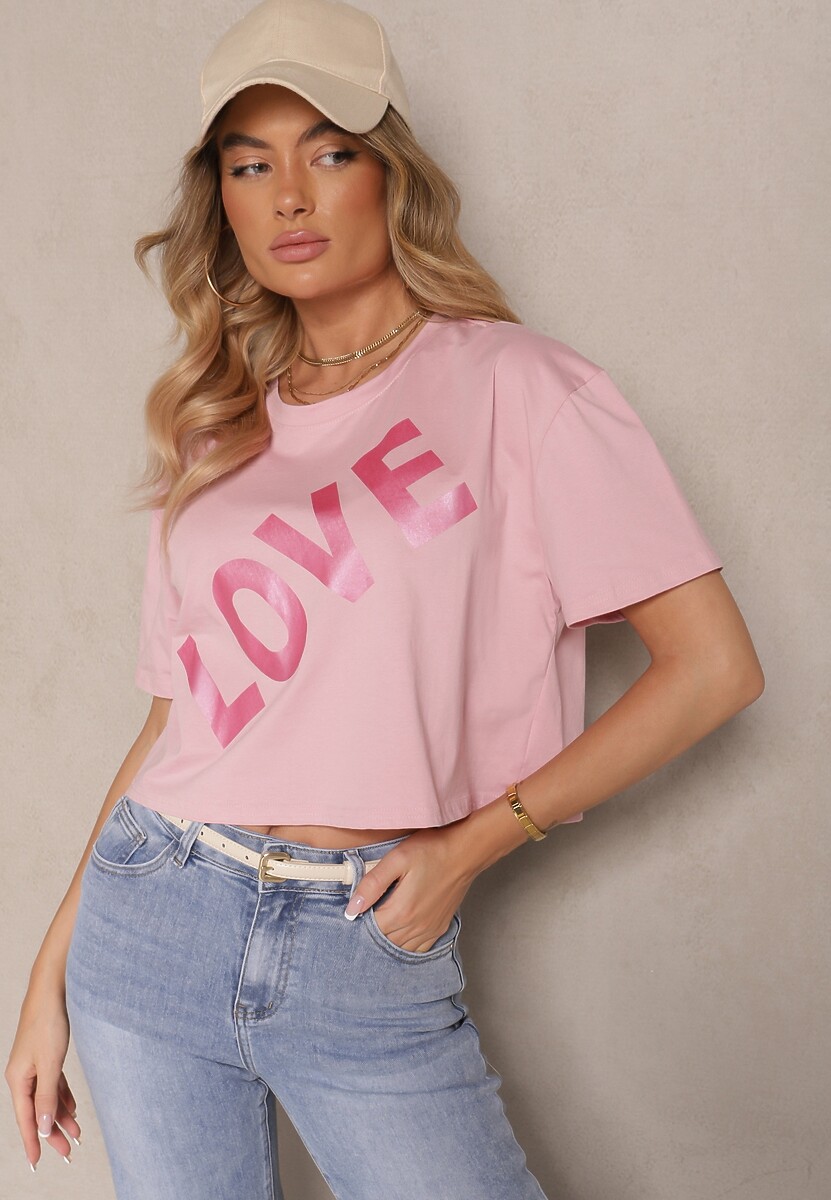 Różowy Krótki T-shirt Oversize z Bawełny z Ozdobnym Napisem Sanillva