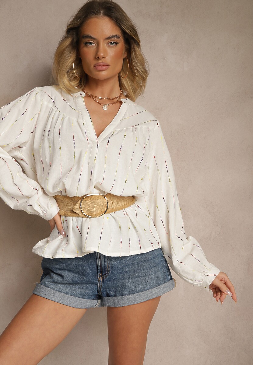 Biała Bawełniana Bluzka o Koszulowym Kroju z Ozdobnym Haftem Palithia