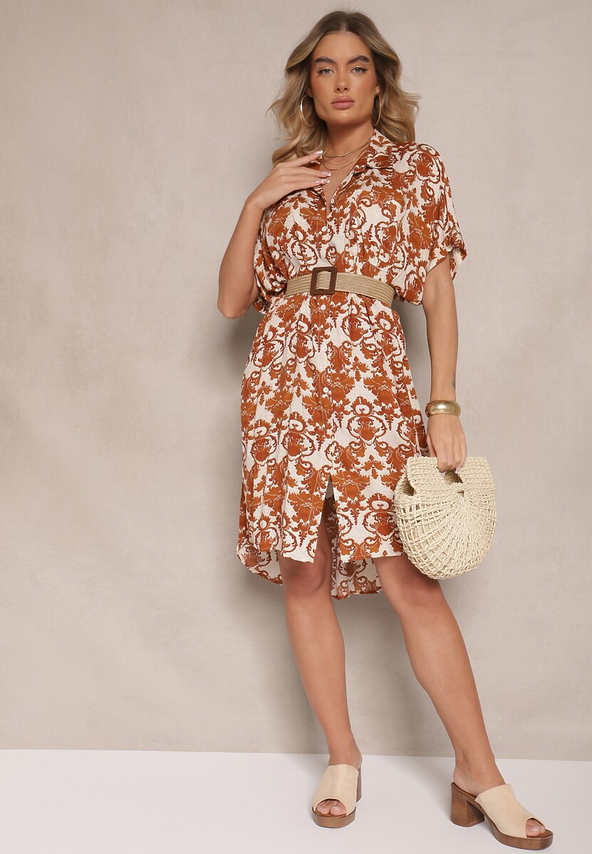 Brązowa Wiskozowa Sukienka o Koszulowym Kroju w Ornamentalny Wzór Inisaria