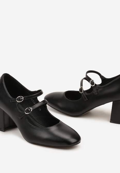 Czarne Czółenka na Słupku Ozdobione Paskami i kwadratowym Noskiem Jalabine