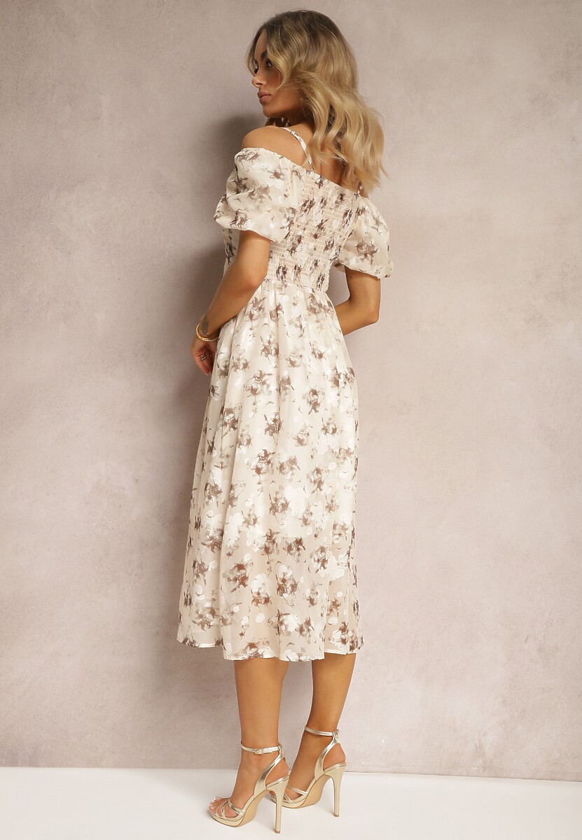 Beżowa Sukienka w Kwiecisty Wzór z Bufkami w Ramionach i Hiszpańskim Dekoltem Nibbia