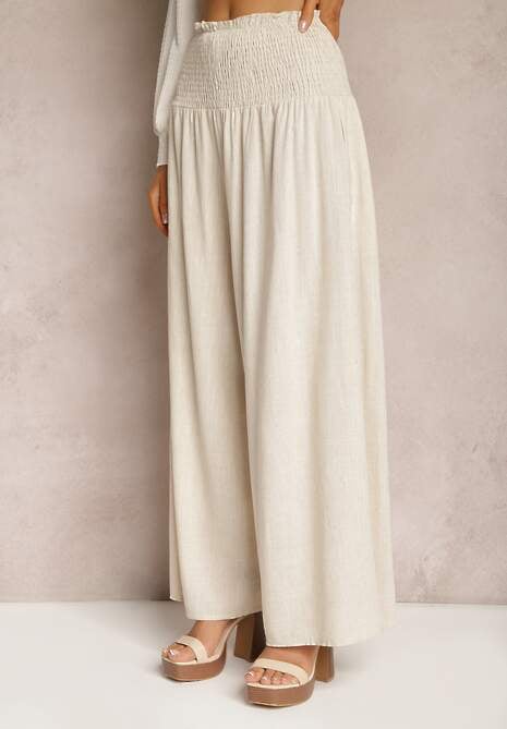 Beżowe Szerokie Spodnie Culottes z Bawełny z Gumką w Talii Ifletia