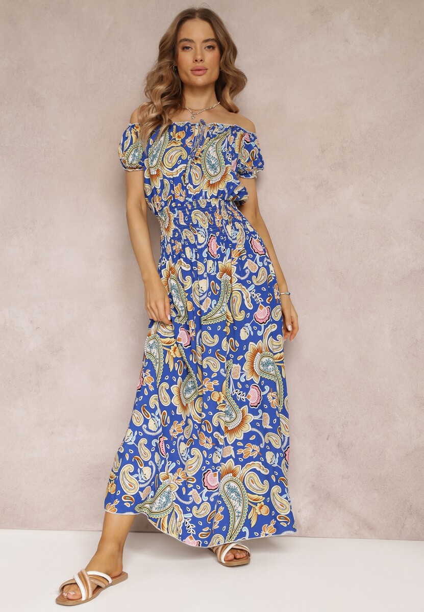 Niebieska  Bawełniana Sukienka Maxi z Hiszpańskim Dekoltem i Cienkimi Gumkami w Talii Alarina