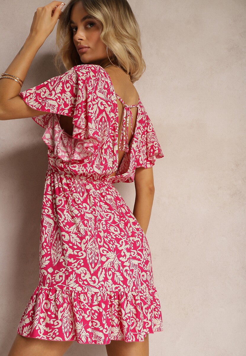 Fuksjowa Sukienka z Bawełny o Rozkloszowanym Kroju Ozdobiona Falbanami i Gumką w Talii Neliaura
