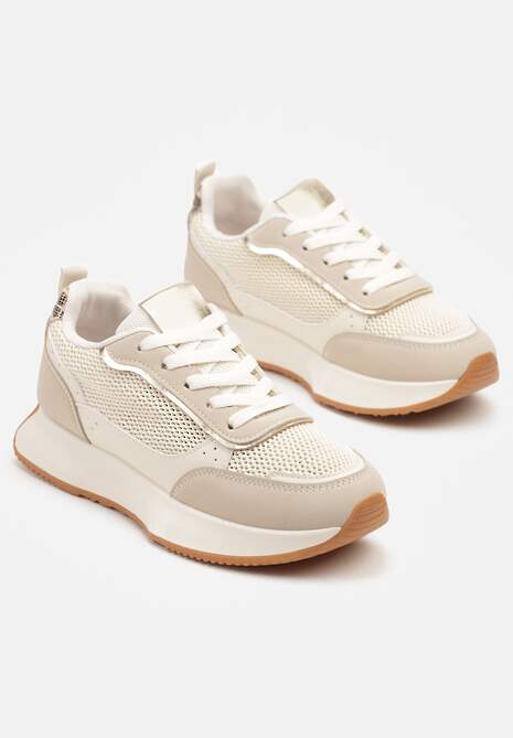 Beżowe Sneakersy Ozdobione Geometrycznym Motywem Calgis