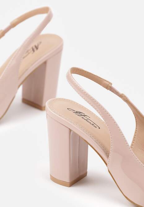 Beżowe Sandały Lakierowane na Słupku Slingback Halasela