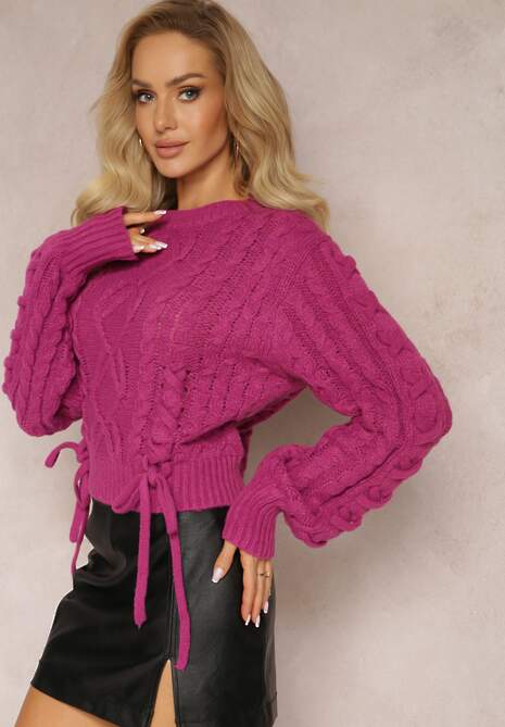 Ciemnofioletowy Sweter z Ozdobnym Sznurowaniem na Dole i Ściągaczami Miritu