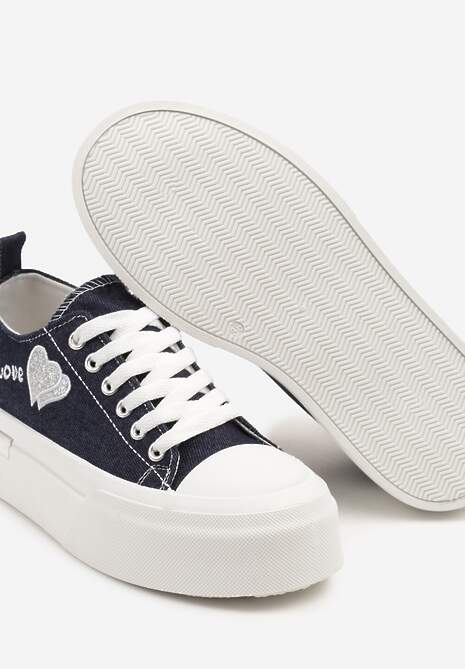 Granatowe Trampki na Platformie z Ozdobnym Napisem i Sercem Laviere