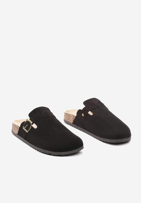 Czarne Klapki na Płaskiej Korkowej Podeszwie z Zakrytym Przodem Ozdobione Klamrą Atheine
