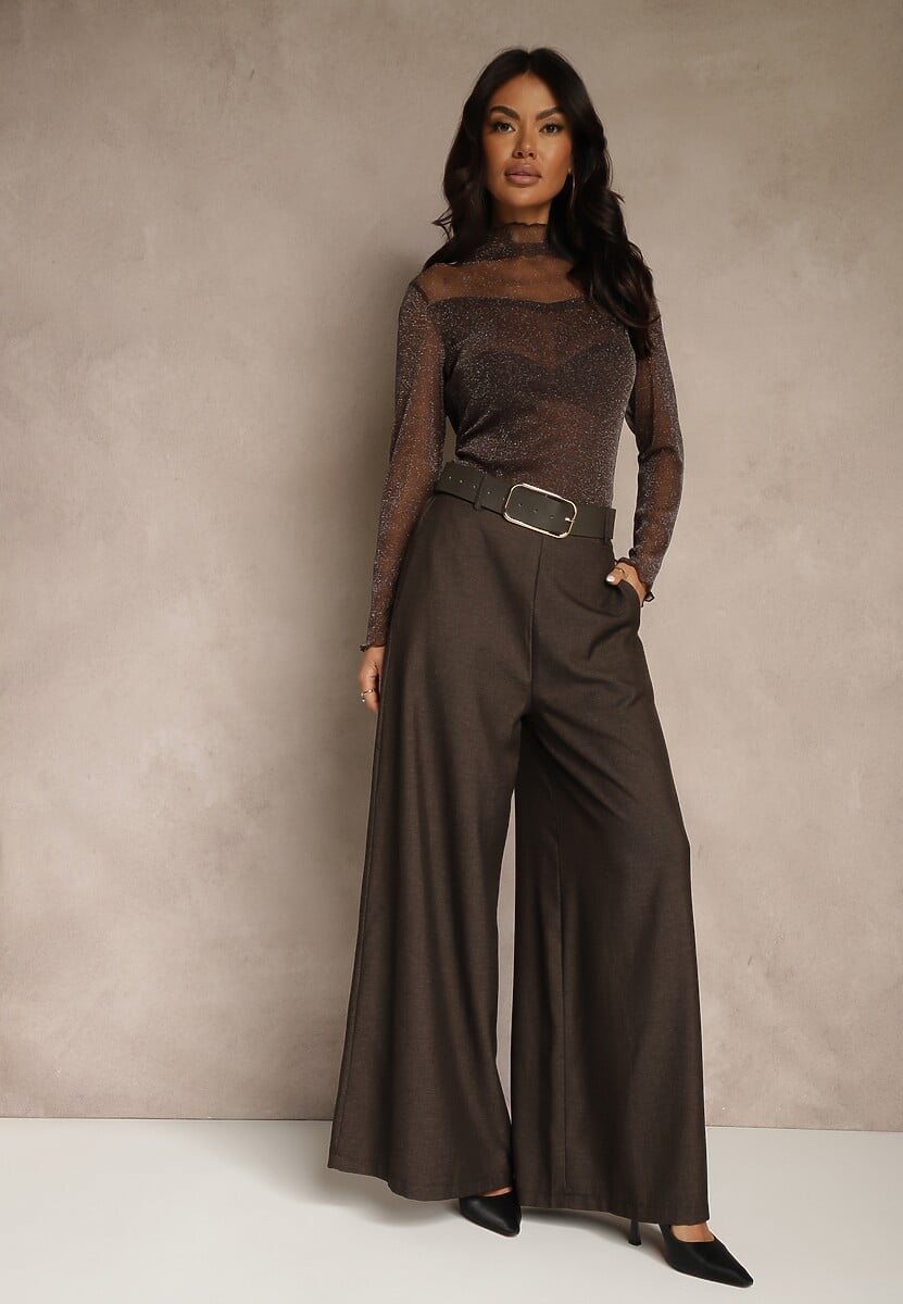 Bordowe Szerokie Garniturowe Spodnie z Bawełny High Waist Ozdobione Paskiem Tusneva