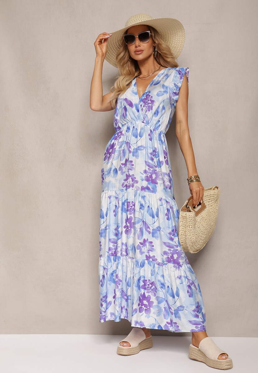 Niebiesko-Fioletowa Sukienka Wiązana z Tyłu z Trójkątnym Dekoltem i Gumką w Talii Fiolarae