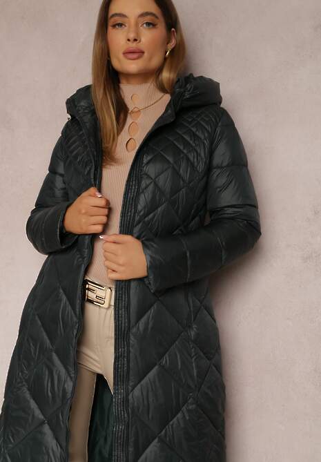 Ciemnozielona Kurtka za Kolano Pikowana Fipha