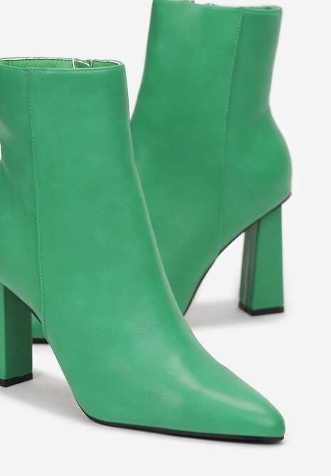 Zielone Botki na Geometrycznym Słupku z Imitacji Skóry Zapinane na Suwak Pena