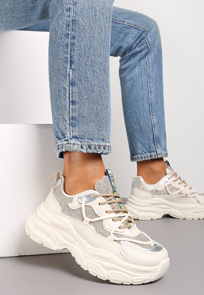 Złote Sneakersy na Grubej Podeszwie z Brokatem Giggsia