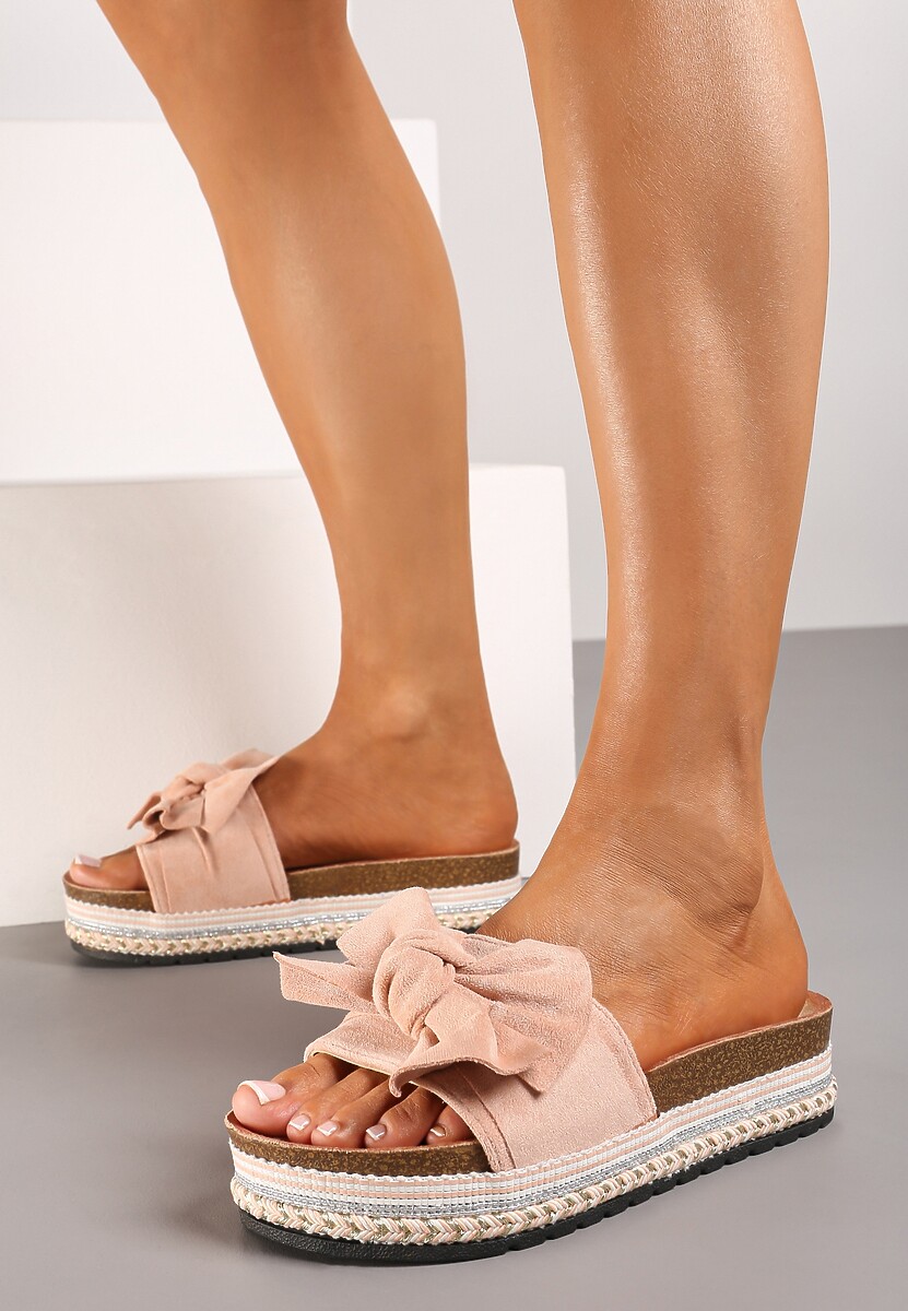 Różowe Casualowe Klapki na Płaskiej Ozdobnej Podeszwie z Kokardką Gladiara