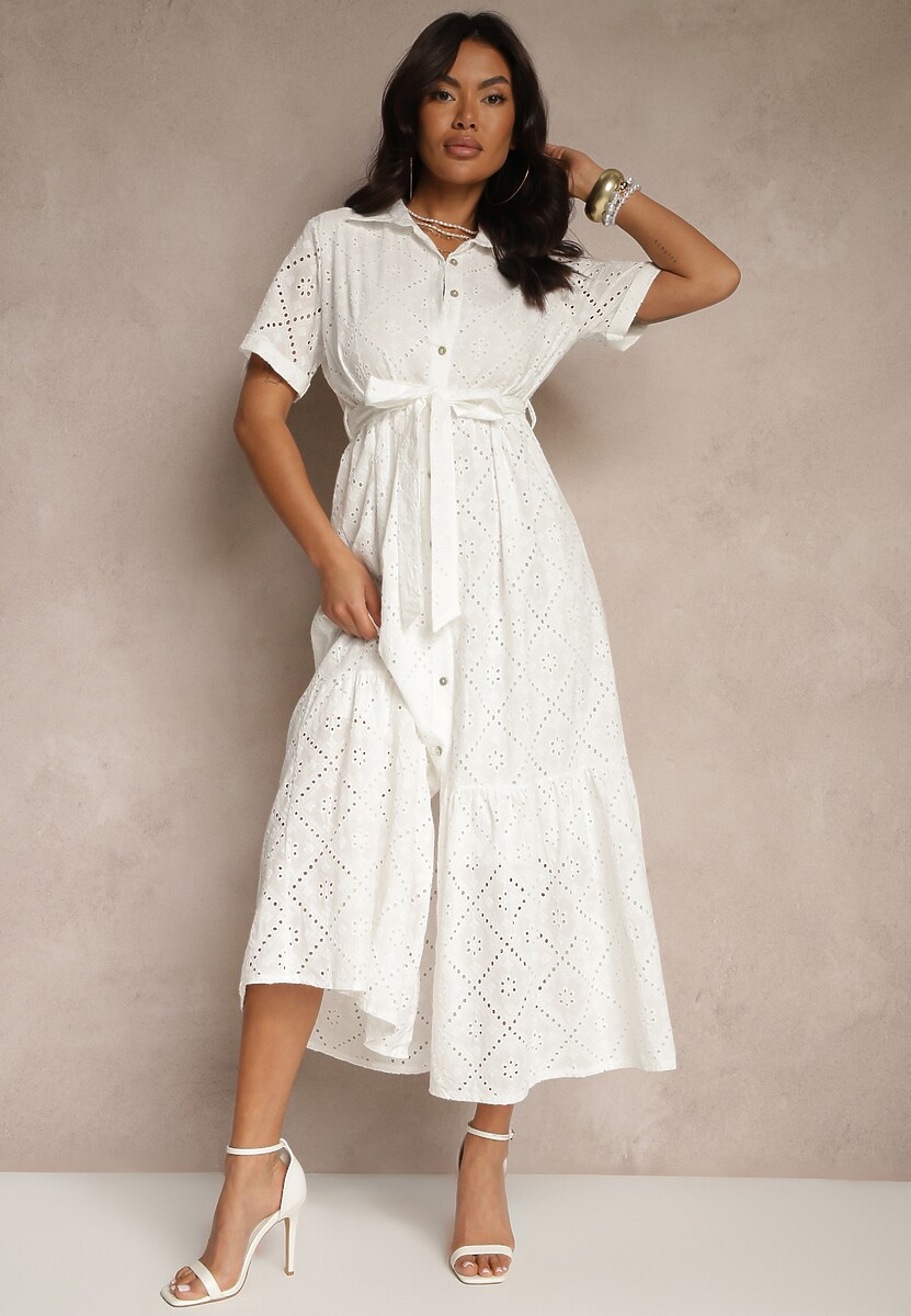 Biała Koszulowa Sukienka z Wiązanym Paskiem z Bawełnianej Tkaniny z Haftem Efrilea