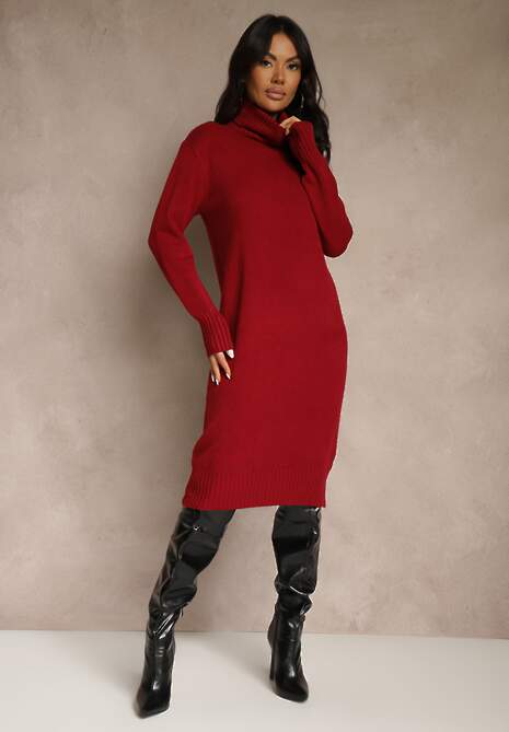Bordowa Sweterkowa Sukienka z Bawełną i Golfem Reinaria