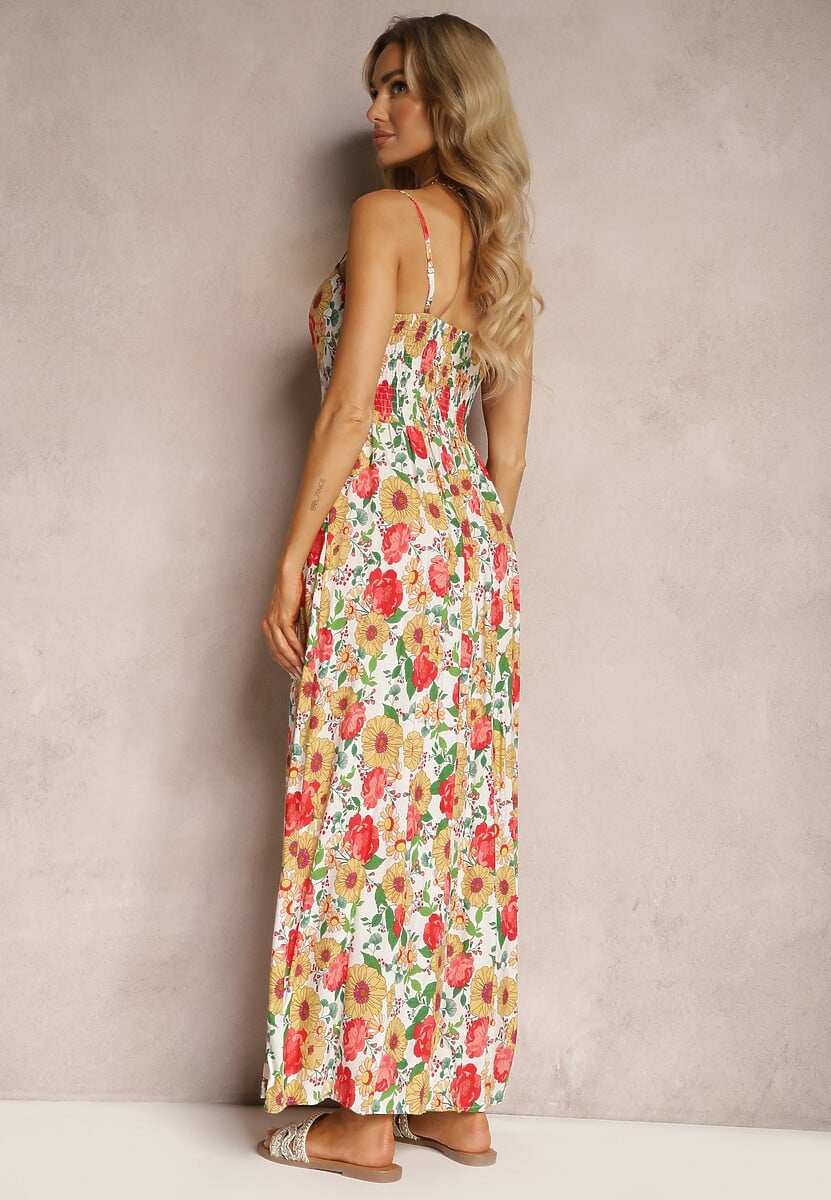 Biało-Żółta Wiskozowa Sukienka  w Kwiaty z Gumką w Pasie i Regulowanymi Ramiączkami Ostialia