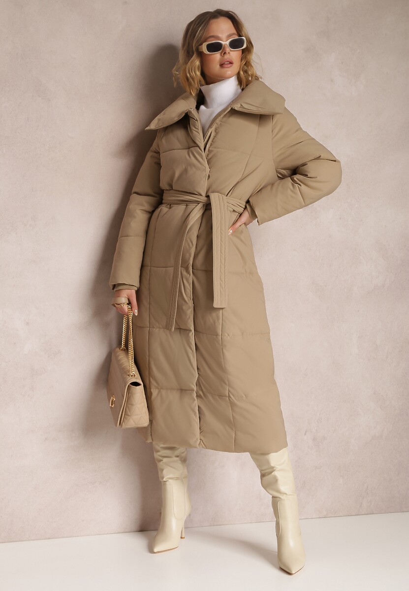 Ciemnobeżowa Kurtka za Kolano Pikowana Chadi