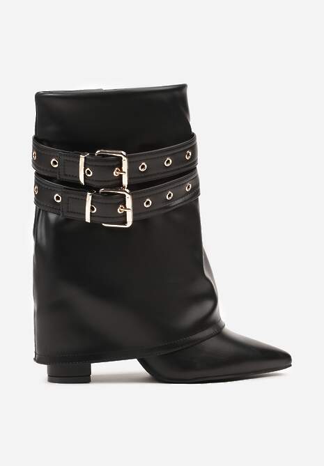 Czarne Botki Kowbojki na Słupku Ozdobione Klamrami i Wywiniętą Cholewką Codvire