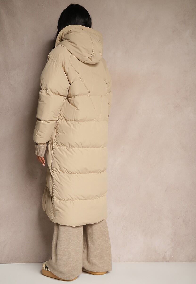 Beżowa Długa Kurtka Pikowana z Kapturem Serea