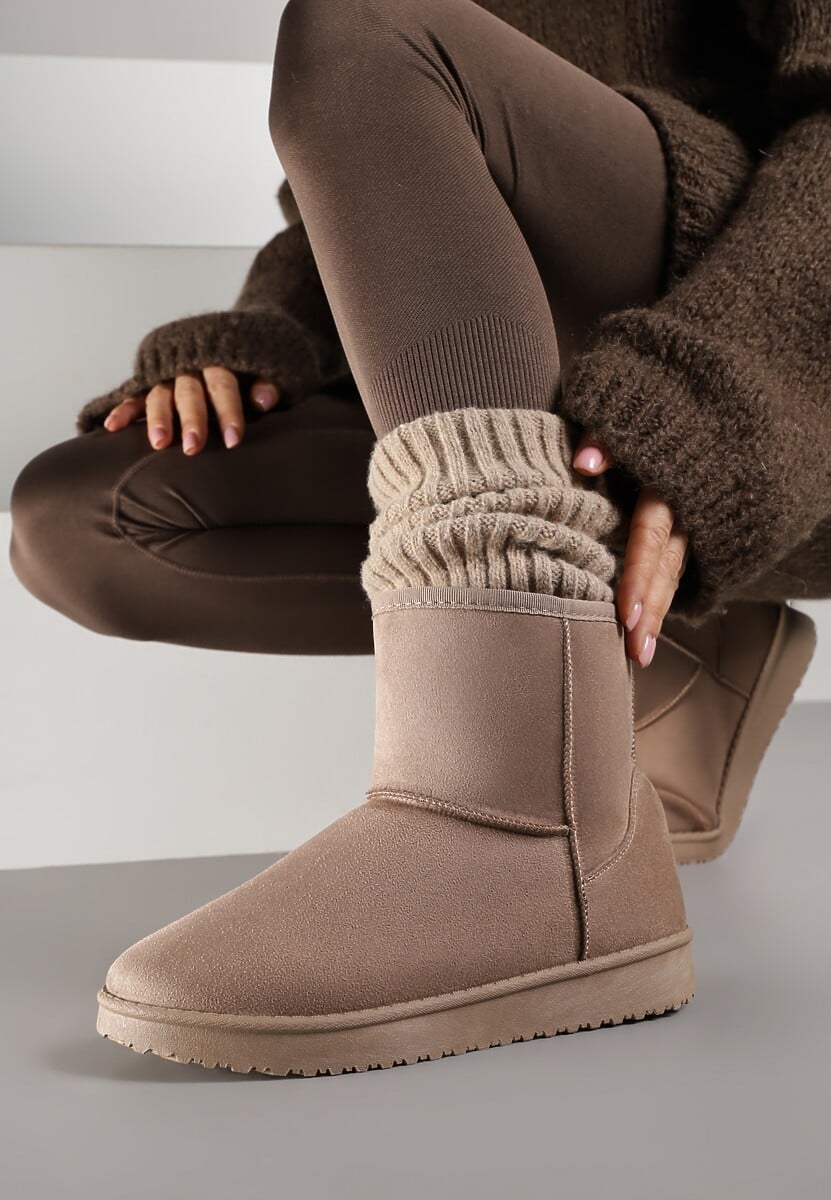 Ciemnobeżowe Śniegowce z Przeszyciami po Bokach Retena