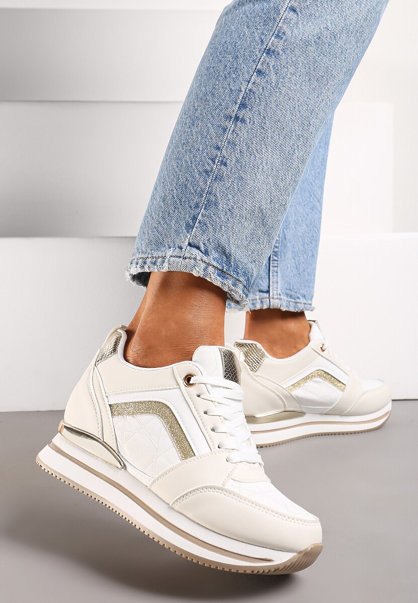 Beżowe Sneakersy na Ukrytym Koturnie Ozdobione Brokatem i Metaliczną Wstawką Infora