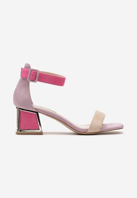 Beżowo-Różowe Sandały z Metaliczną Wstawką na Słupku z Imitacji Zamszu Adlephia