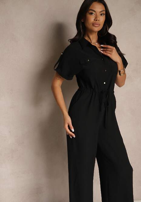 Czarny Koszulowy Kombinezon z Krótkim Rękawem Wiązany w Pasie Maraisla