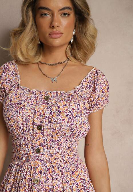 Jasnoróżowa Sukienka z Bawełny Ozdobiona Guzikami i Bufiastymi Rękawami Zelliova