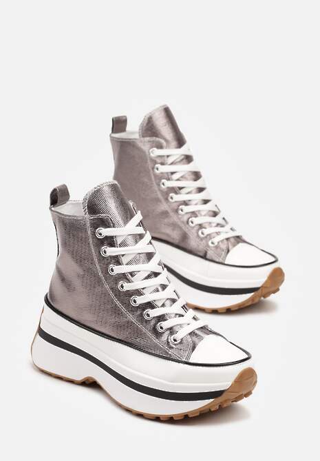 Srebrno-Szare Sznurowane Trampki za Kostkę na Platformie Ealsevia