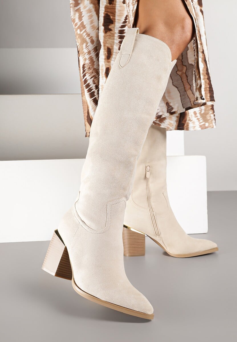 Beżowe Kozaki Vices na Słupku Ozdobione Metaliczną Wstawką Moriane