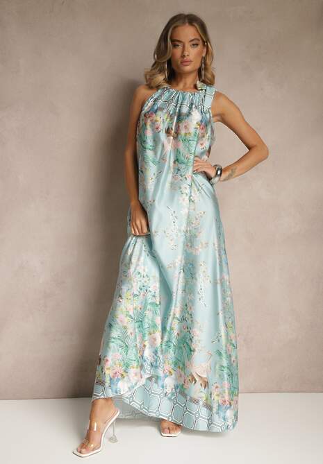 Jasnozielona Sukienka z Satyny Zdobiona Kwiatowym Wzorem i Wiązaniem Fenalesa