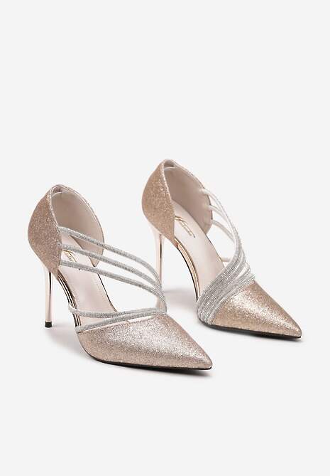 Szampańskie Brokatowe Szpilki na Metalicznej Szpilce Ozdobione Cyrkoniami Ineka