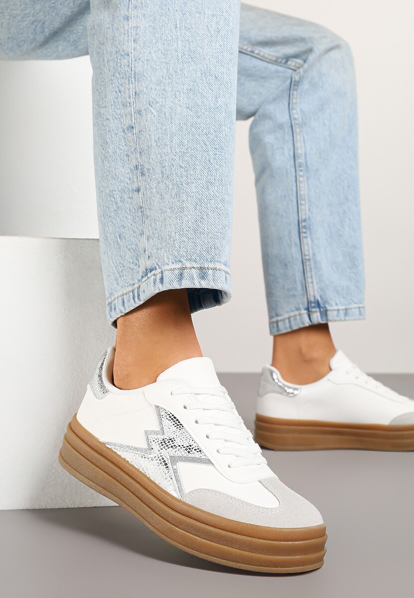 Srebrno-Białe Sneakersy w Stylu Tenisówek Ozdobione Geometrycznym Wzorem Tolivanna