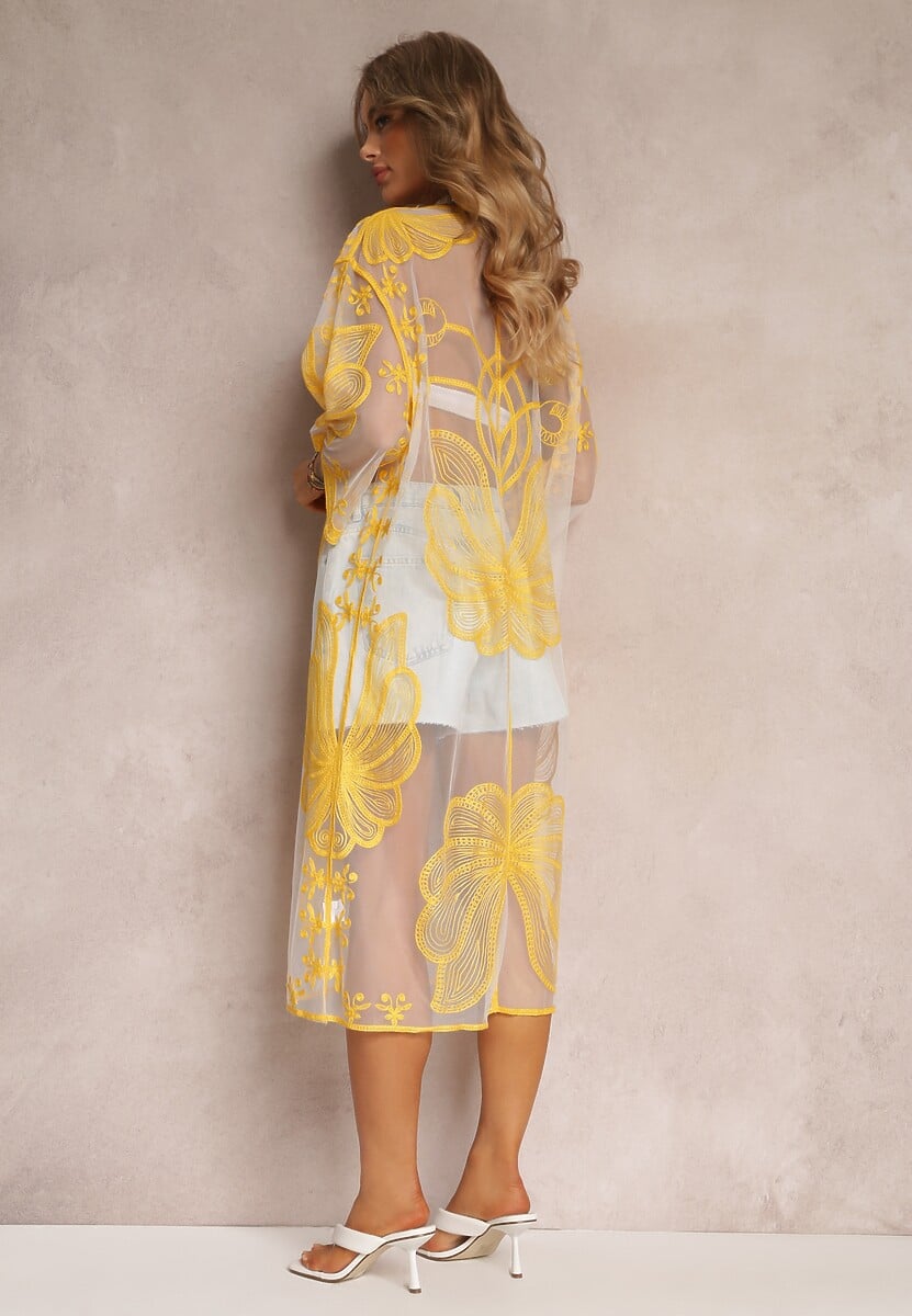 Żółta Przezroczysta Narzutka z Haftem i Wiązaniem w Pasie Miri