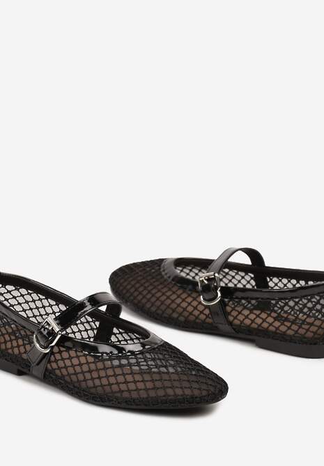 Czarne Siateczkowe Balerinki na Płaskiej Podeszwie w Stylu Mary Jane Evelenna